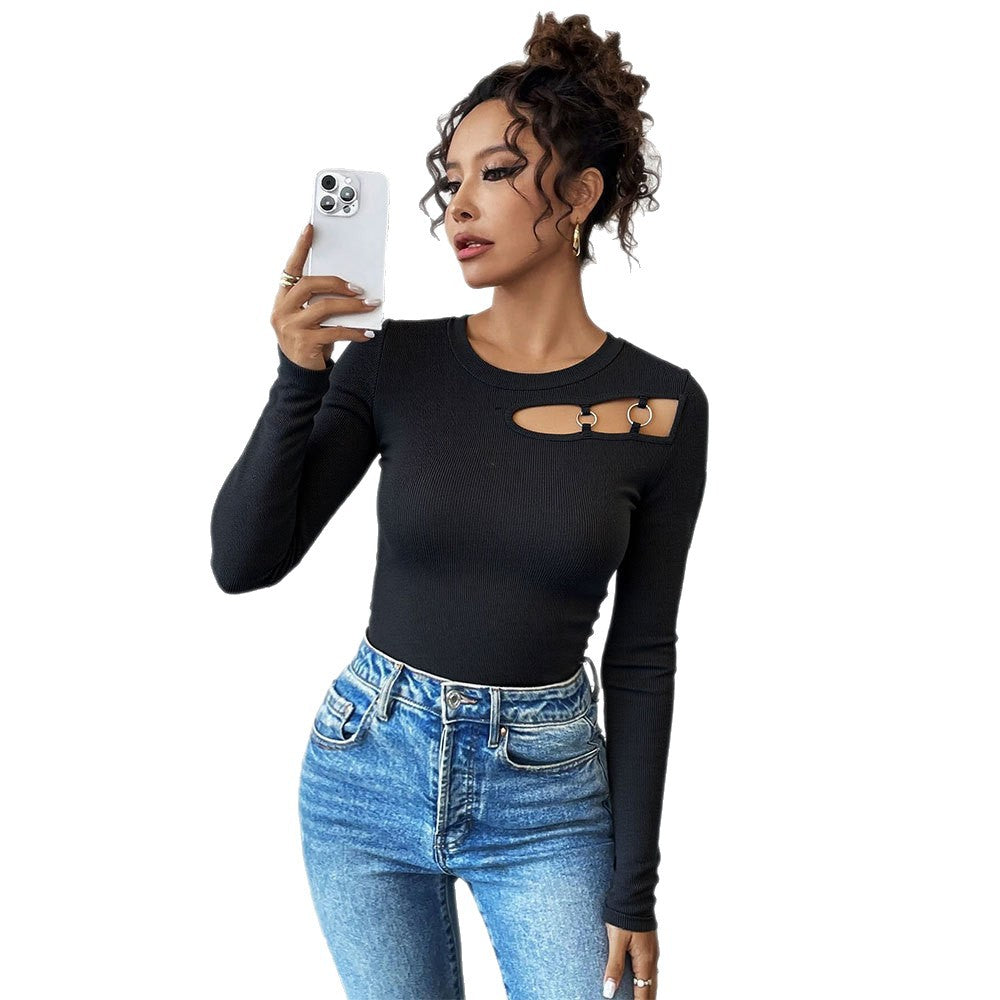 Damen Langarmshirt mit asymmetrischem Cut-Out-Design und modischen Ringdetails Drune