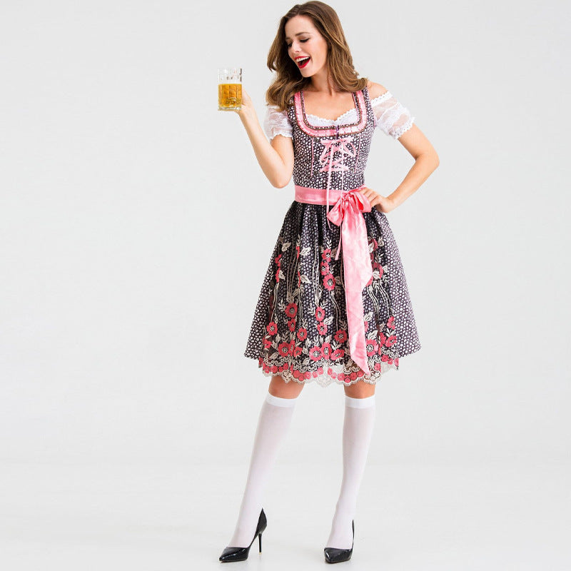 Damen nan traditionelles Kurzdirndl mit Spitzenärmeln, Schnürung und floraler Schürze Drune