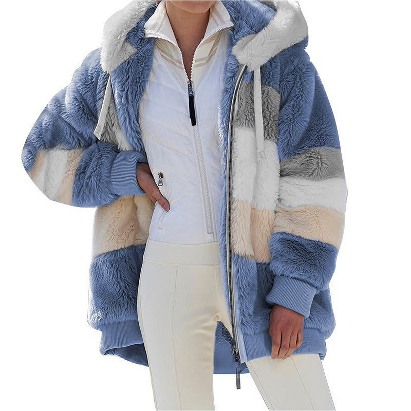Damen nan kuschelige Oversize Kunstpelzjacke mit Kapuze, Blockstreifen und Rippbündchen Drune