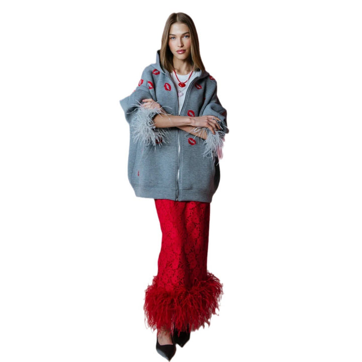 Damen Hoodie mit Federn und Lippenmotiv Drune