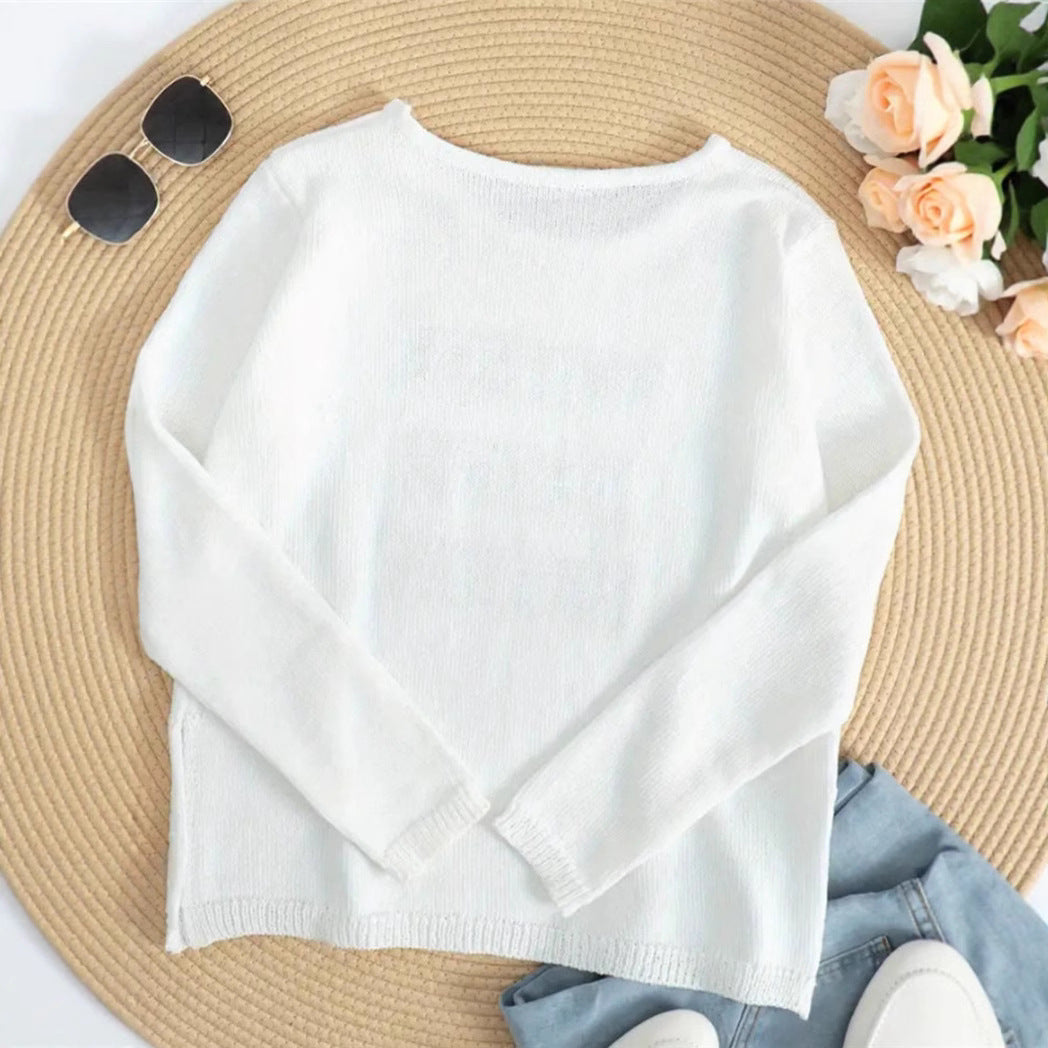 Damen lässiger Strickpullover mit aufgesticktem Schriftzug Drune