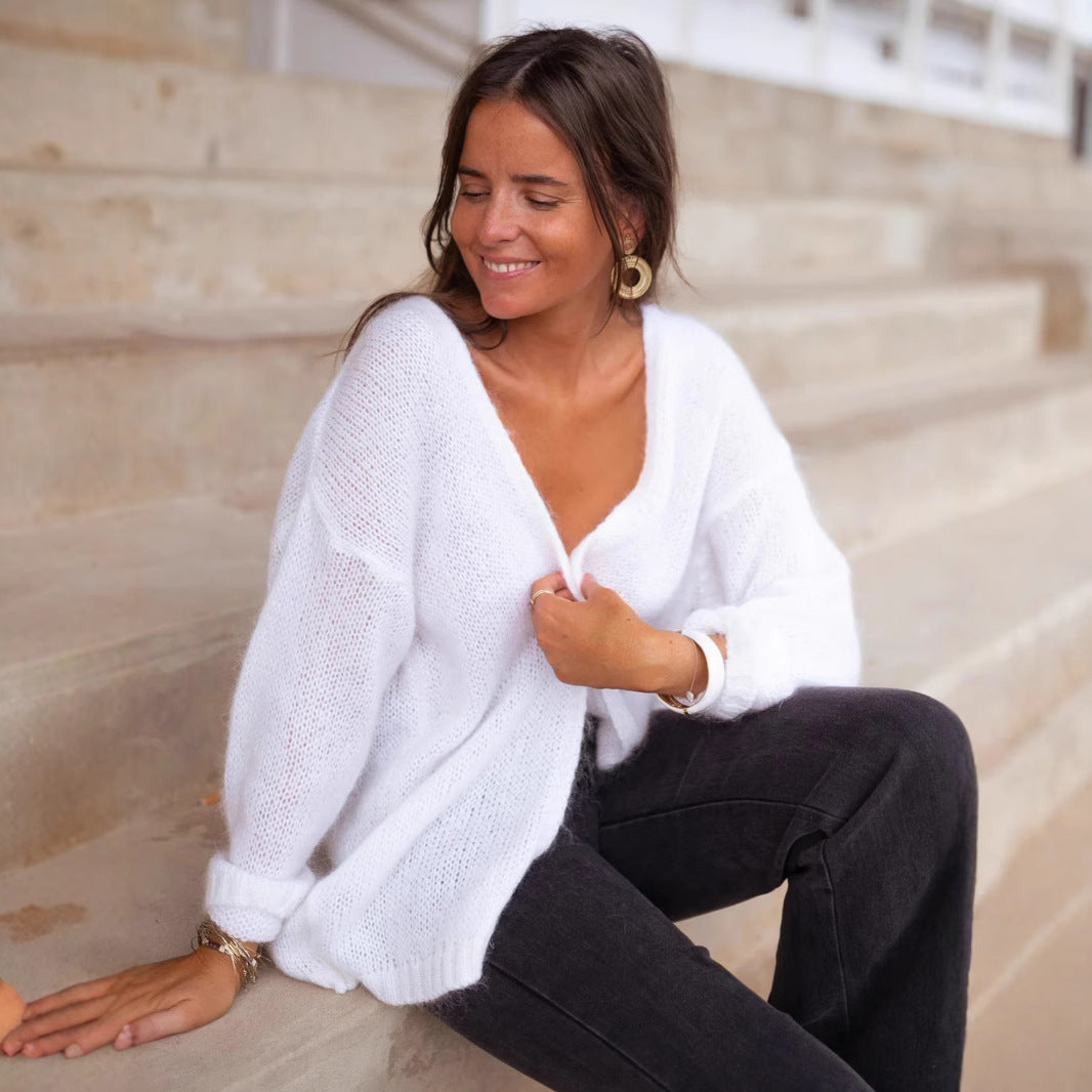 Damen gemütlicher Oversized-Pullover mit tiefem V-Ausschnitt und weicher Textur Drune