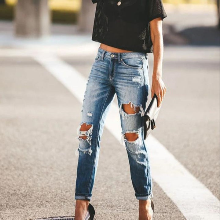 Damen Destroyed Slim-Fit Jeans mit trendigen Ausfransungen Drune