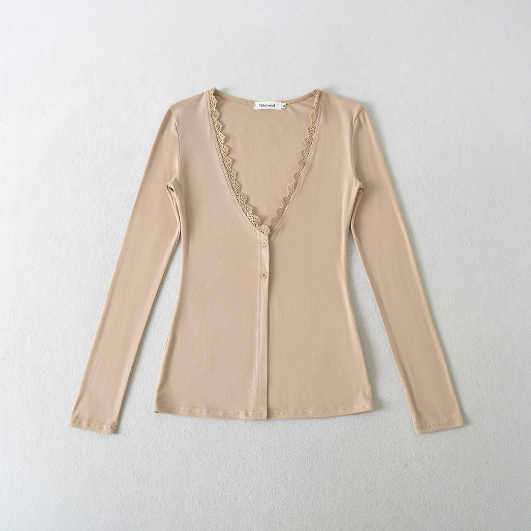 Damen Langarmoberteil mit elegantem Spitzenkragen Drune