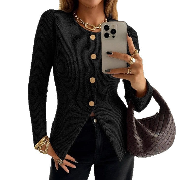 Damen elegantes Strickjacke mit dekorativen Knöpfen Drune