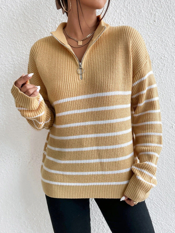 Damen Grob gestrickter Pullover mit Reißverschluss und breitem Streifenmuster Drune