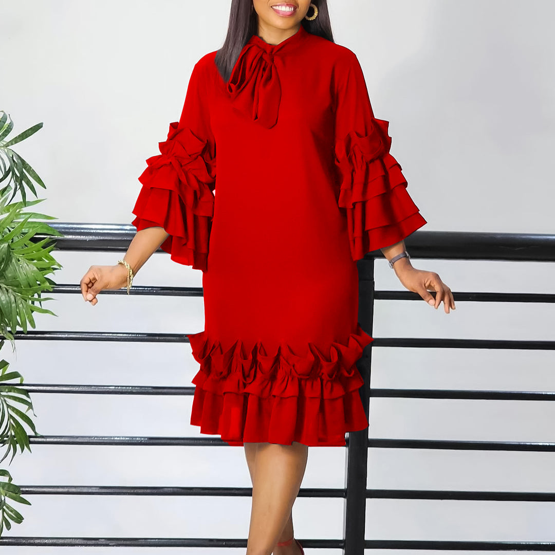 Damen Midi-Kleid mit voluminösen Rüschenärmeln und eleganter Schleife Drune