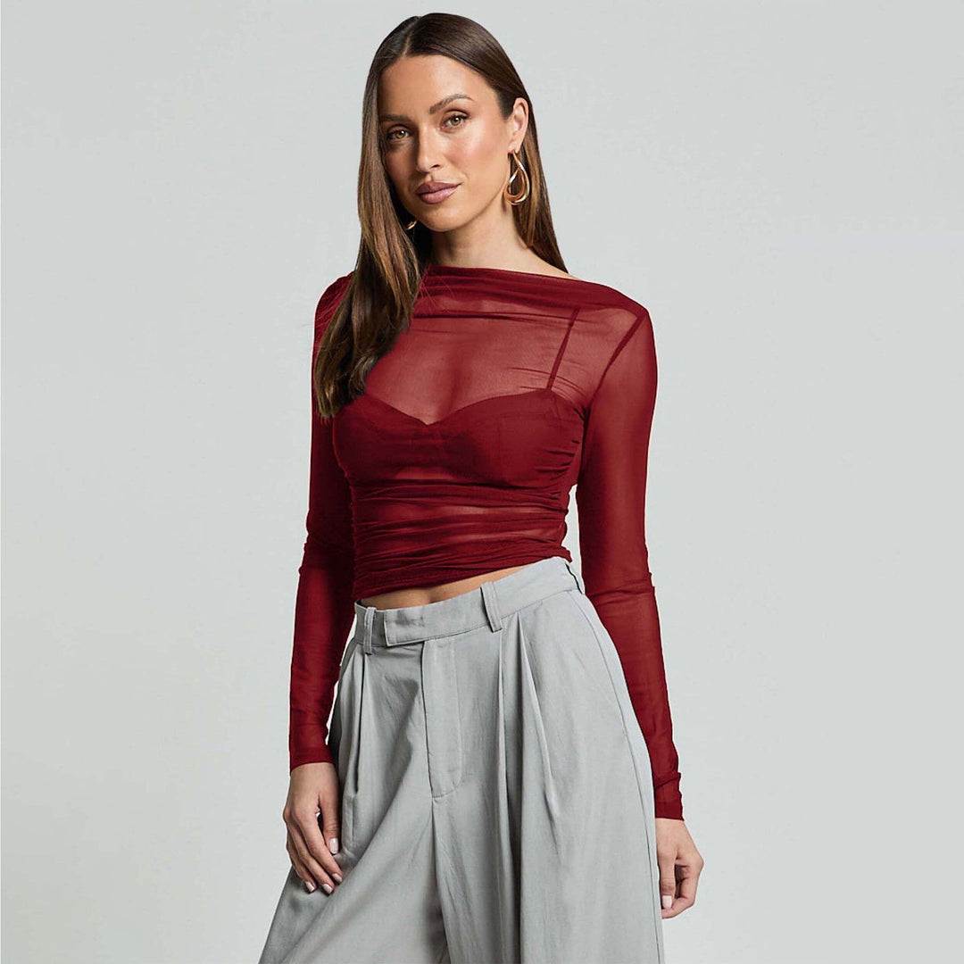 Damen Elegantes Langarmoberteil mit transparentem Mesh und Raffung Drune