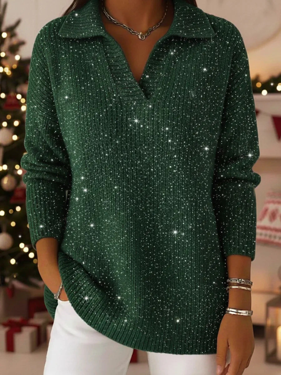 Damen schimmernder Strickpullover mit modernem Kragen Drune