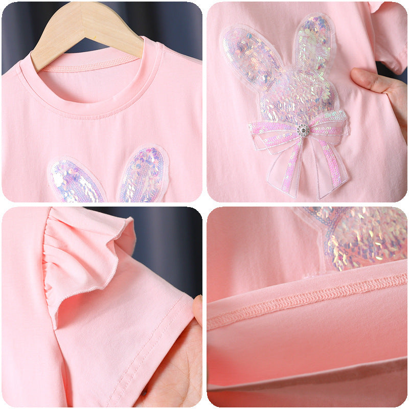 Mädchen T-Shirt mit aufgesticktem Häschen und Rüschendetails Drune