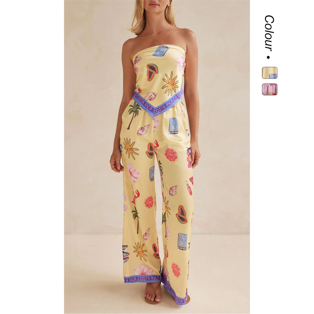 Damen Jumpsuit mit verspielten tropischen Mustern und elastischem Oberteil Drune