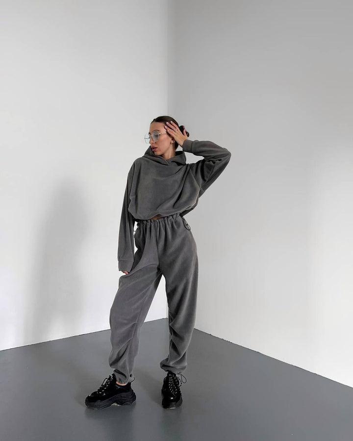 Damen gemütlicher Fleece-Jumpsuit mit Kapuze und elastischem Bund Drune