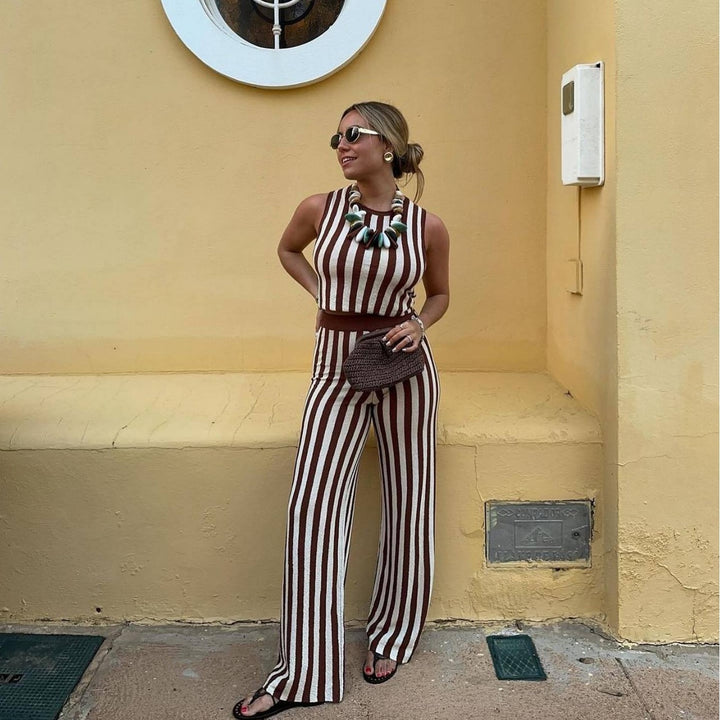 Damen lässiger Jumpsuit mit gestreiftem Design und hohem Bund Drune