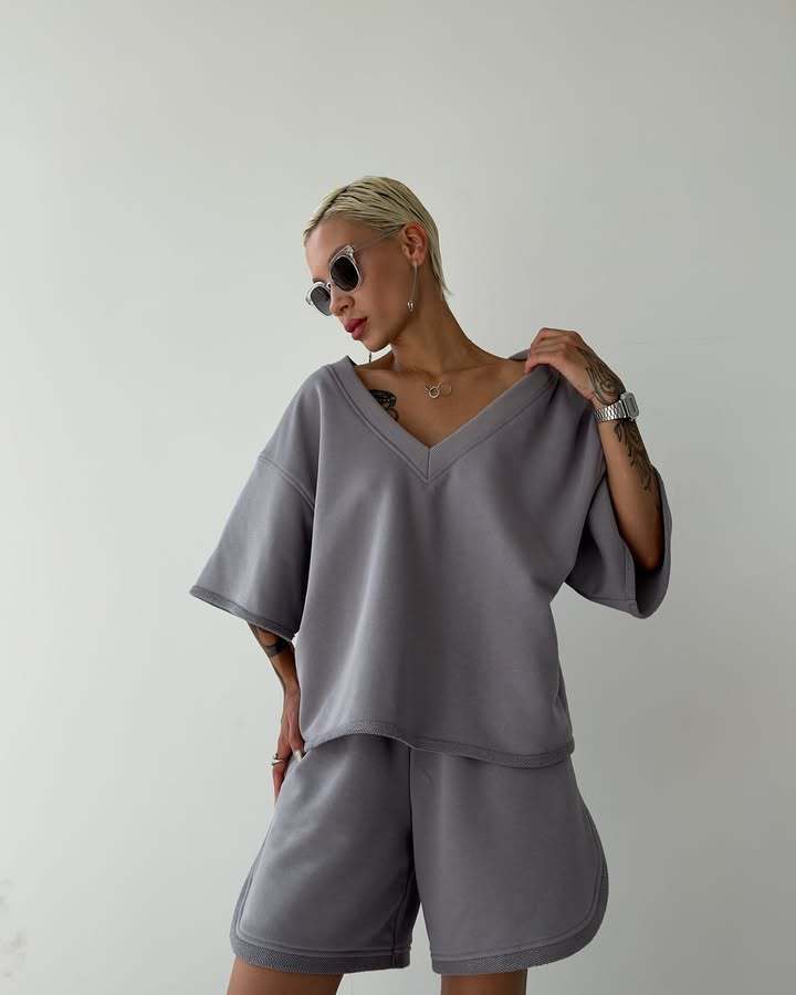 Damen lässiges V-Ausschnitt Oberteil und Shorts-Set Drune