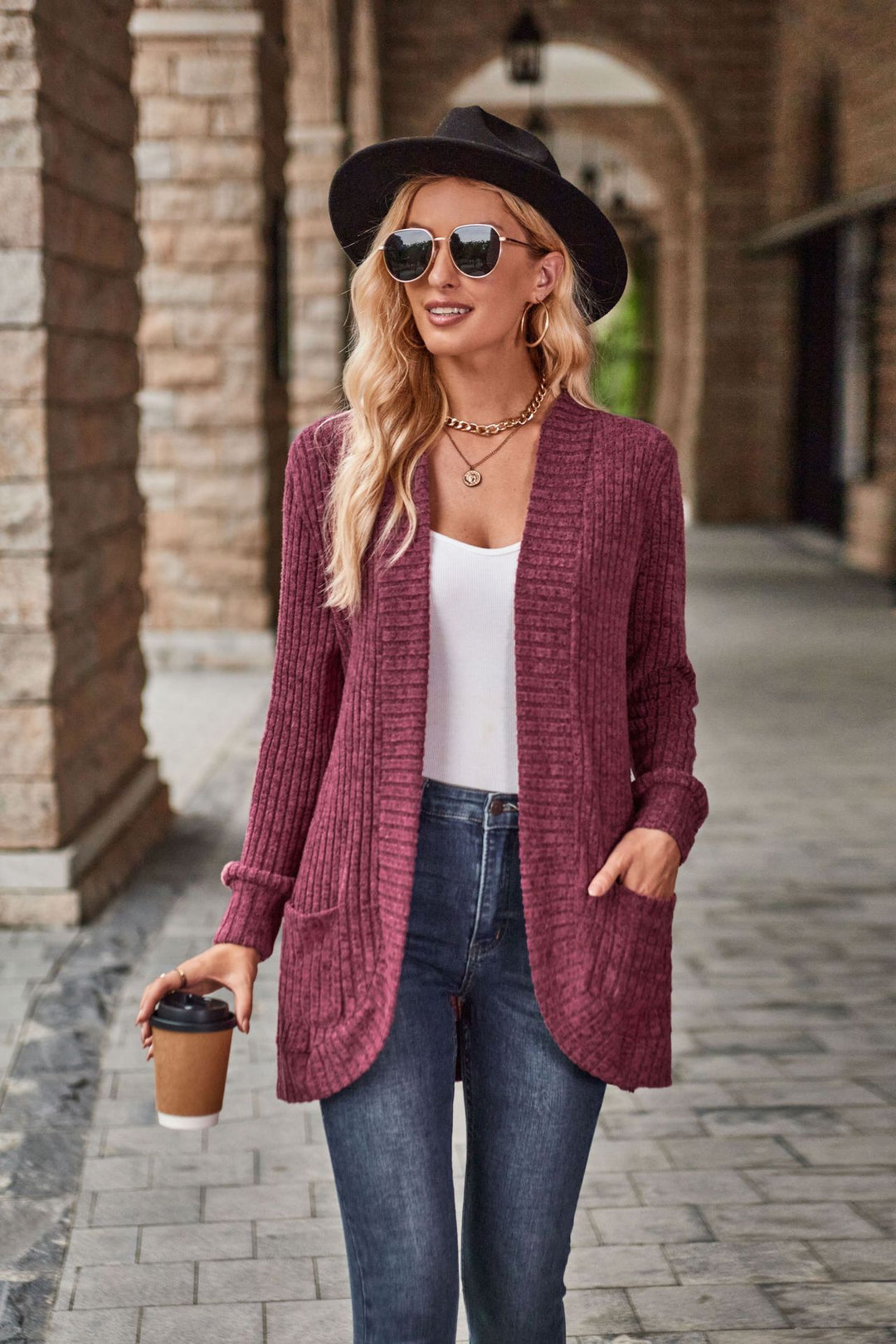 Damen nan langer gerippter Cardigan mit aufgesetzten Taschen und offener Front Drune
