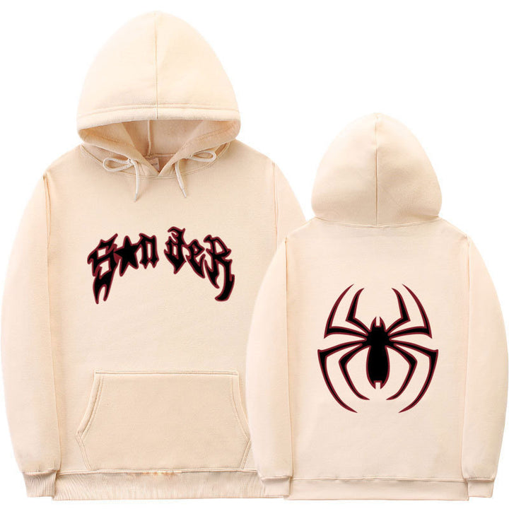 Damen Kapuzenpullover mit auffälligem Spinnenmotiv und grobem Schriftzug Drune