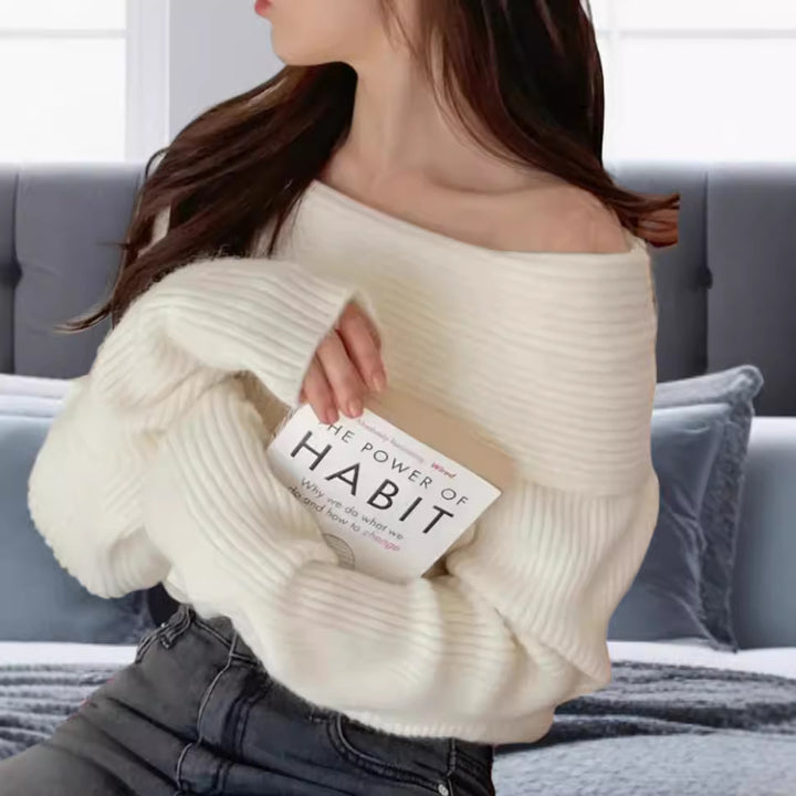 Damen Off-Shoulder Strickpullover mit elastischem Rippdesign Drune