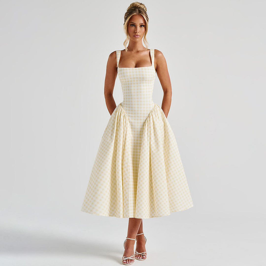 Damen Sommerliches Maxikleid mit Karo-Design und seitlichen Raffungselementen Drune