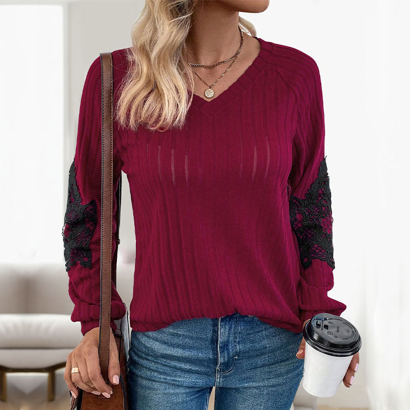 Damen Eleganter V-Ausschnitt Pullover mit Spitzen-Ärmeldetails Drune