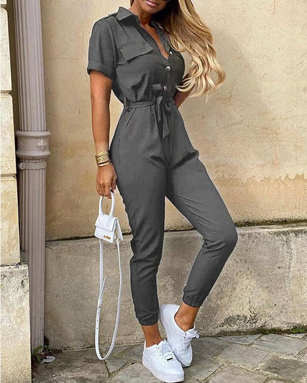 Damen Praktischer Overall mit elegantem Kragen und Taillengürtel Drune