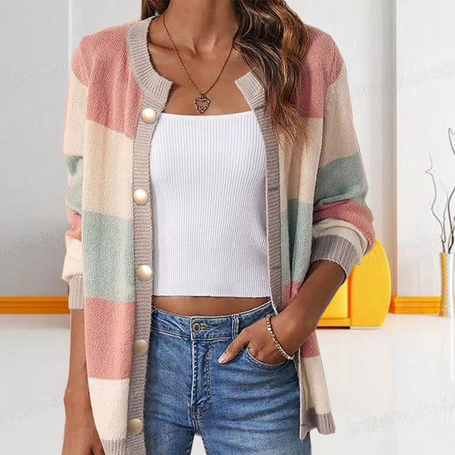 Drune | Pastellfarbener Gestreifter Cardigan Polyester Stilvoll, Farblich