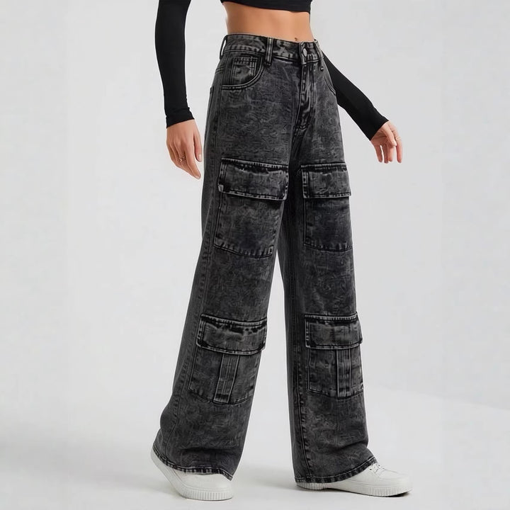 Damen nan High‑Waist Utility-Denimhose mit aufgesetzten Knie-Patches, Cargo‑Taschen und weitem Schlag Drune