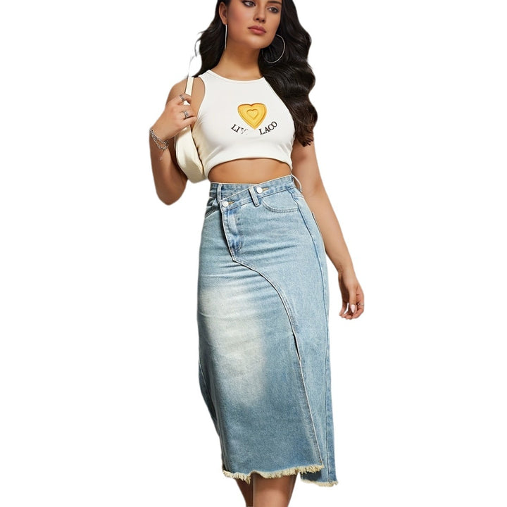 Damen Midi-Jeansrock mit hoher Taille und modischem Fransenabschluss Drune