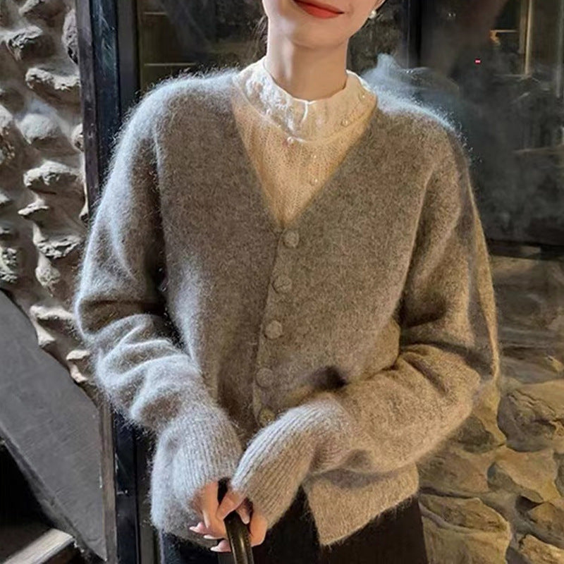 Damen kuscheliger Strickcardigan mit V-Ausschnitt und Knopfdetails Drune