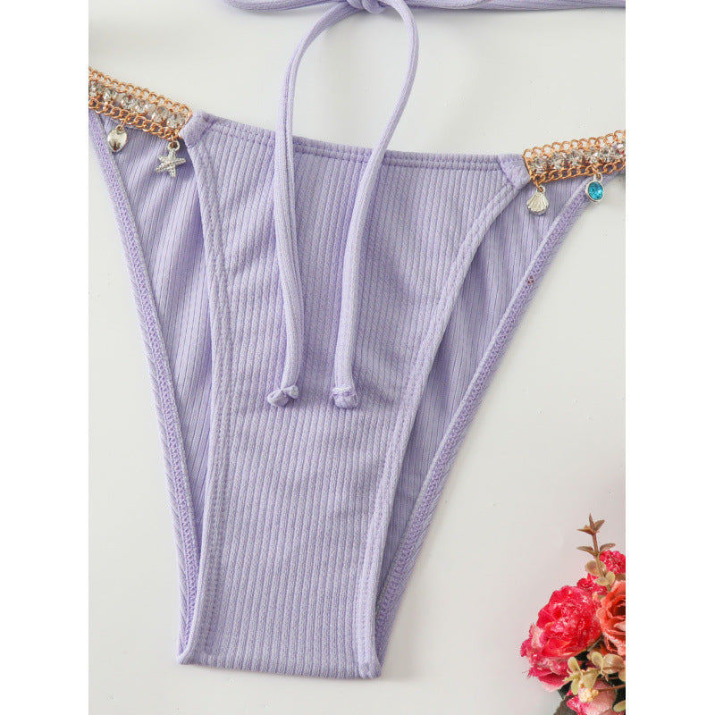 Damen Triangel-Bikini mit modischen Schmuckdetails und Bindebändern Drune