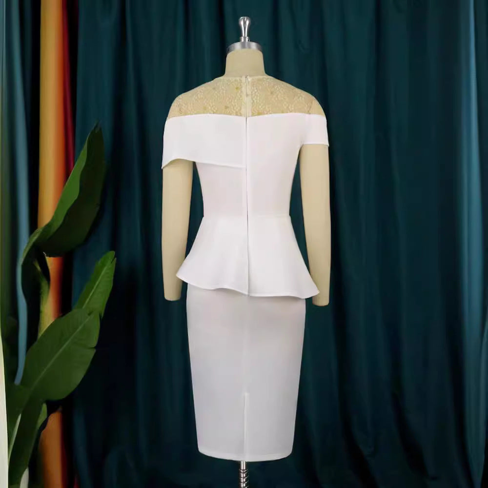 Damen elegantes Kleid mit raffiniertem Peplum-Schnitt und Spitzenakzenten Drune