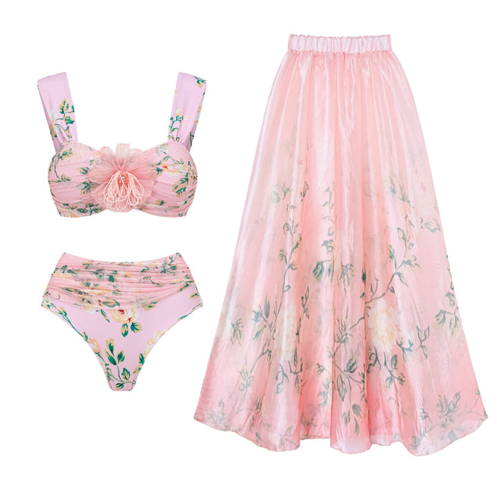 Damen Bikini-Set mit floralen Details und luftiger Maxi-Rock Drune