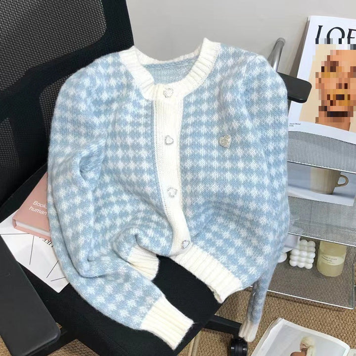 Damen weicher Cardigan mit strukturiertem Karomuster und Herzen Drune
