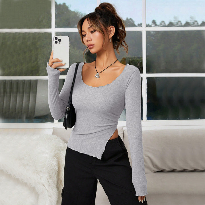 Damen figurbetontes Langarmshirt mit asymmetrischem Saum und elegantem Ausschnitt Drune