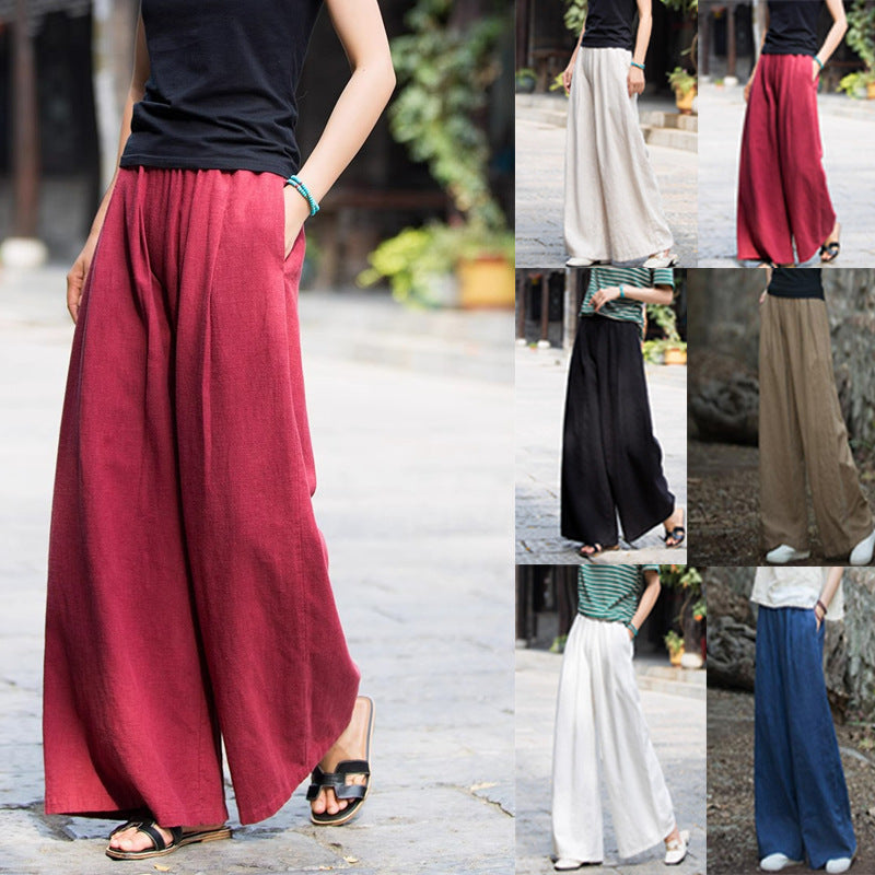 Damen weit geschnittene Leinenhose mit elastischem Bund und praktischen Taschen Drune