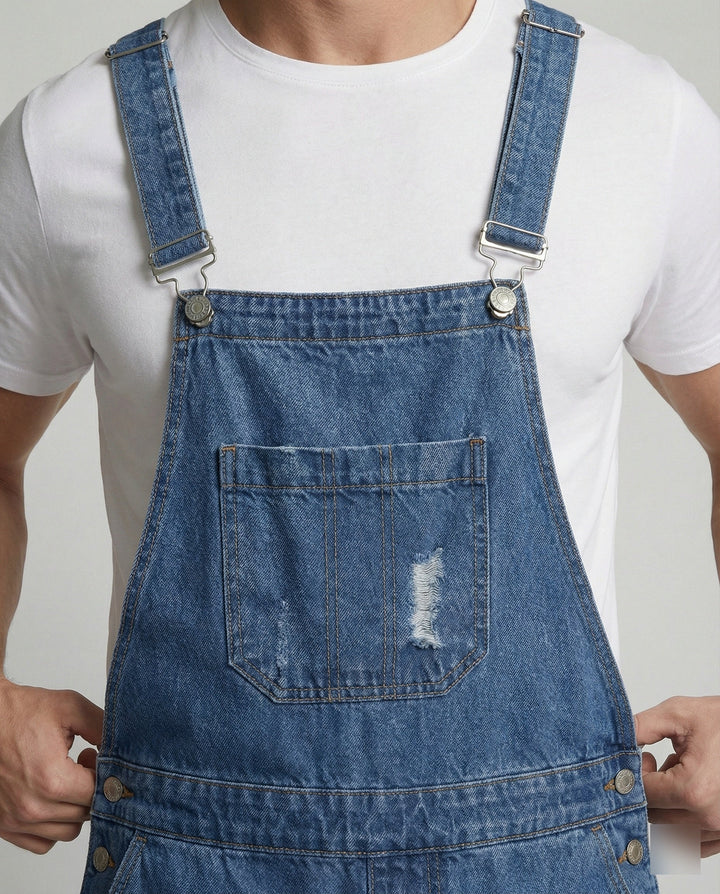 Herren Denim Latzshorts mit Ripped-Details