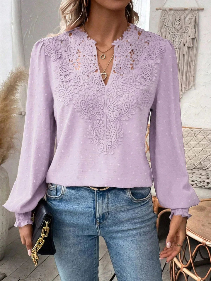 Damen elegante Bluse mit besticktem V-Ausschnitt Drune