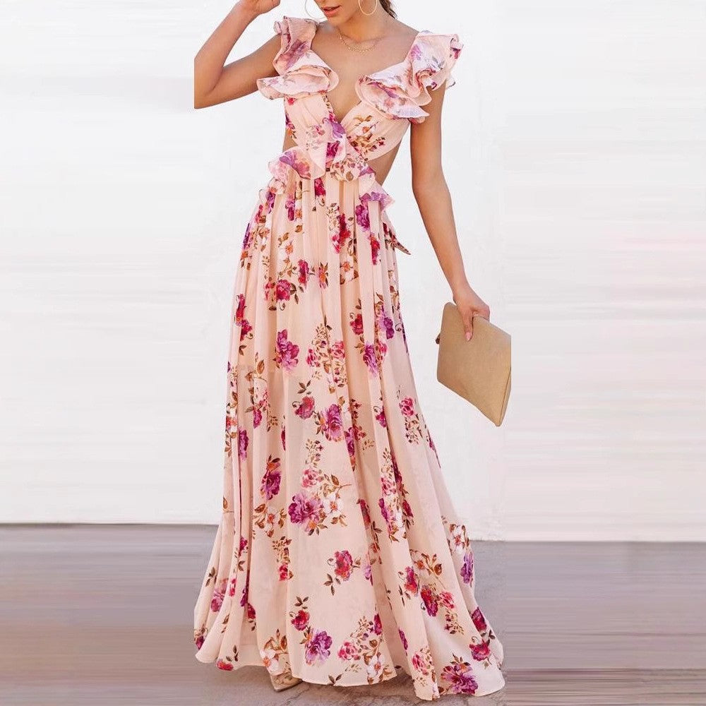 Damen Maxikleid mit floralen Rüschendetails und elegantem V-Ausschnitt Drune