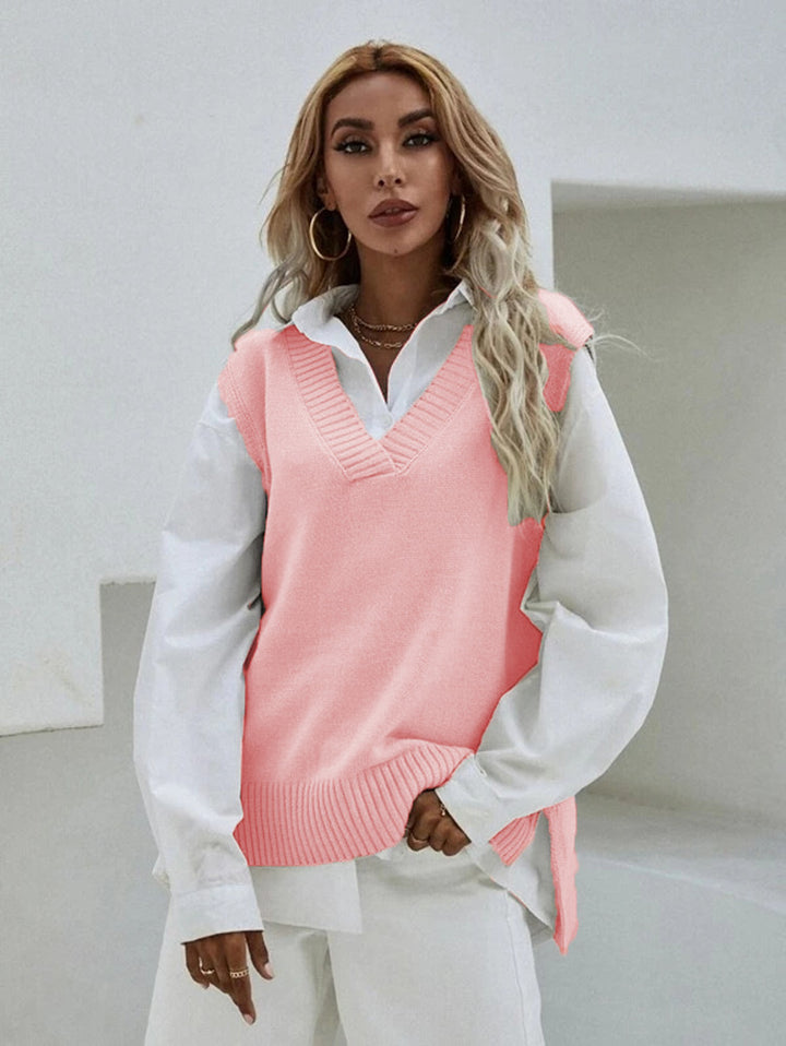 Damen Strickweste mit V-Ausschnitt und geripptem Saum Drune