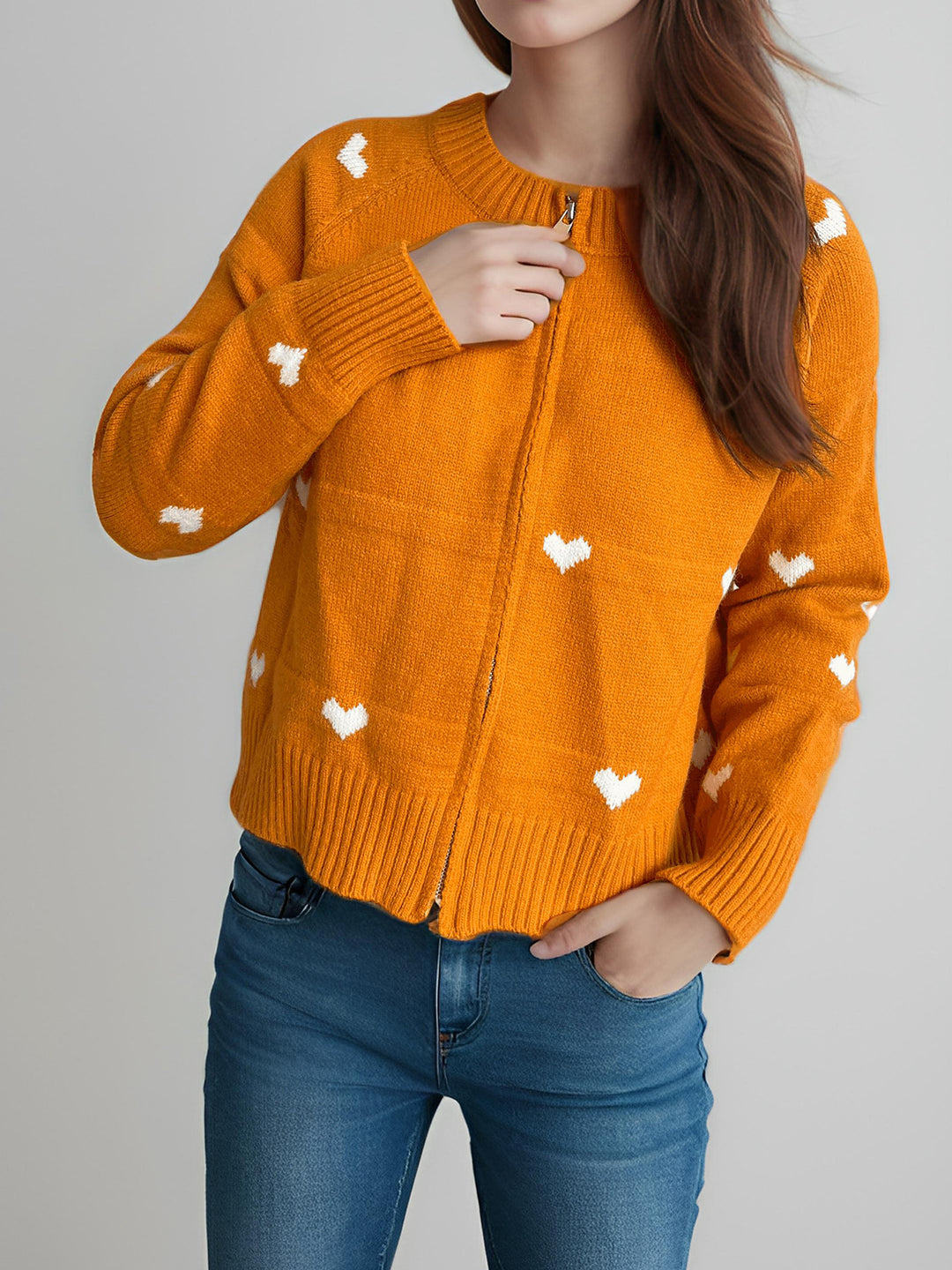 Damen Strickjacke mit Herzmotiv und modernem Reißverschluss Drune