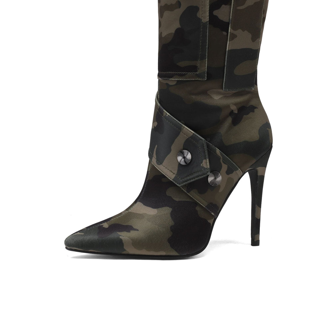 Damen Over-the-Knee Fashion Stiletto Stiefel mit Camouflage-Design Drune