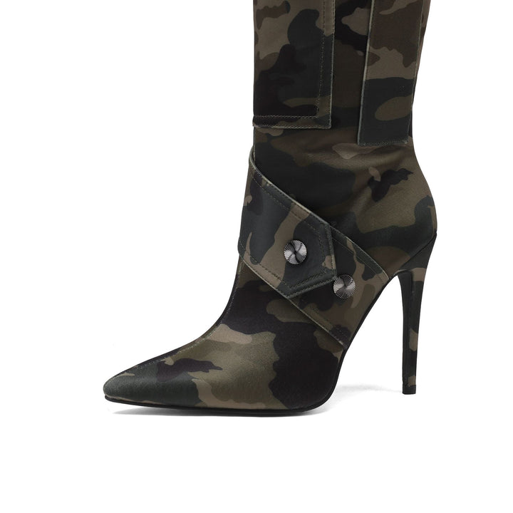 Damen Over-the-Knee Fashion Stiletto Stiefel mit Camouflage-Design Drune