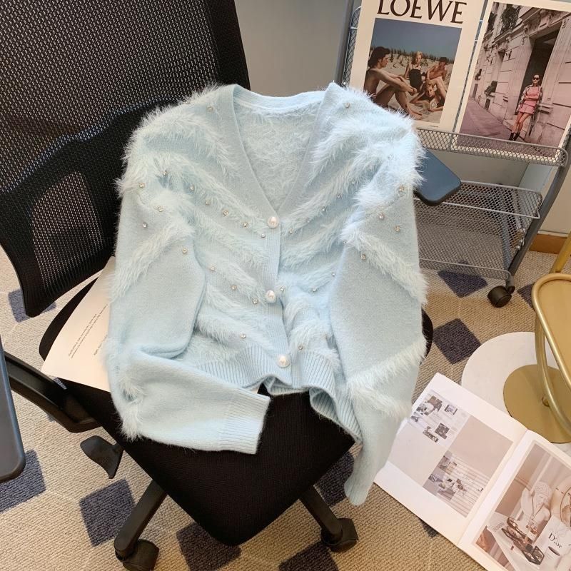 Damen Flauschiger Cardigan mit Perlen Drune