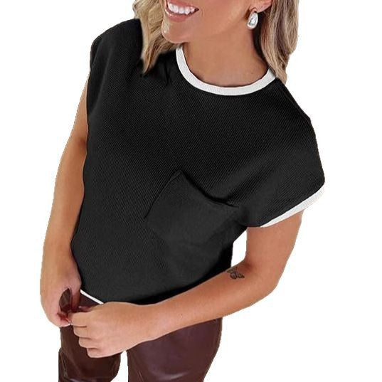 Damen stylisches Kurzarmshirt mit Brusttasche und kontrastierenden Details Drune
