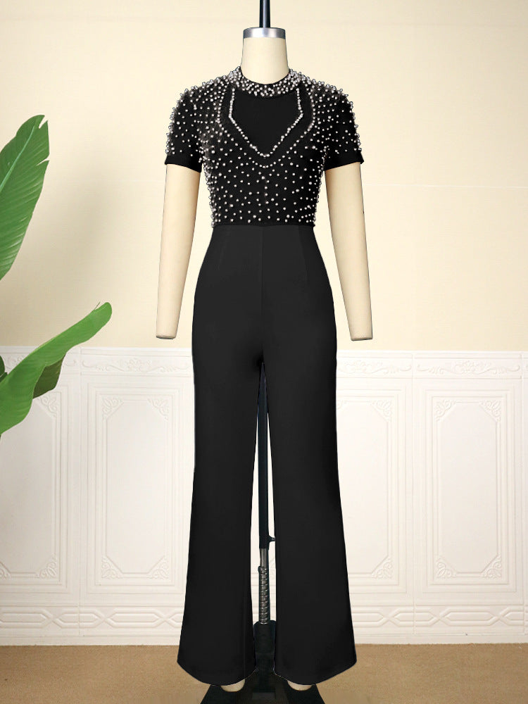 Damen eleganter Jumpsuit mit glitzernden Perlenakzenten Drune
