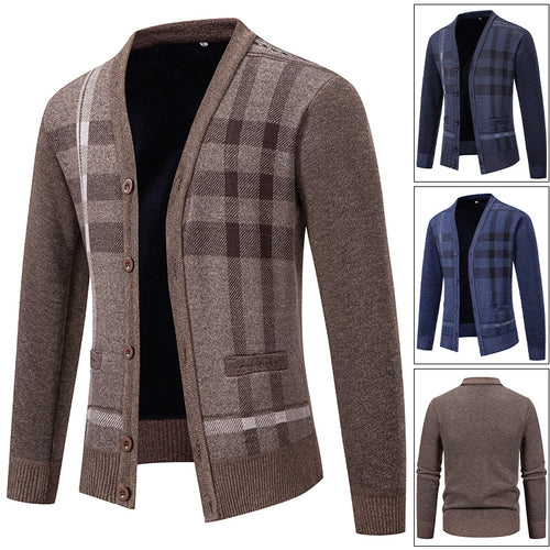Herren stilvolle Strickjacke mit modernem Karomuster und praktischen Taschen Drune