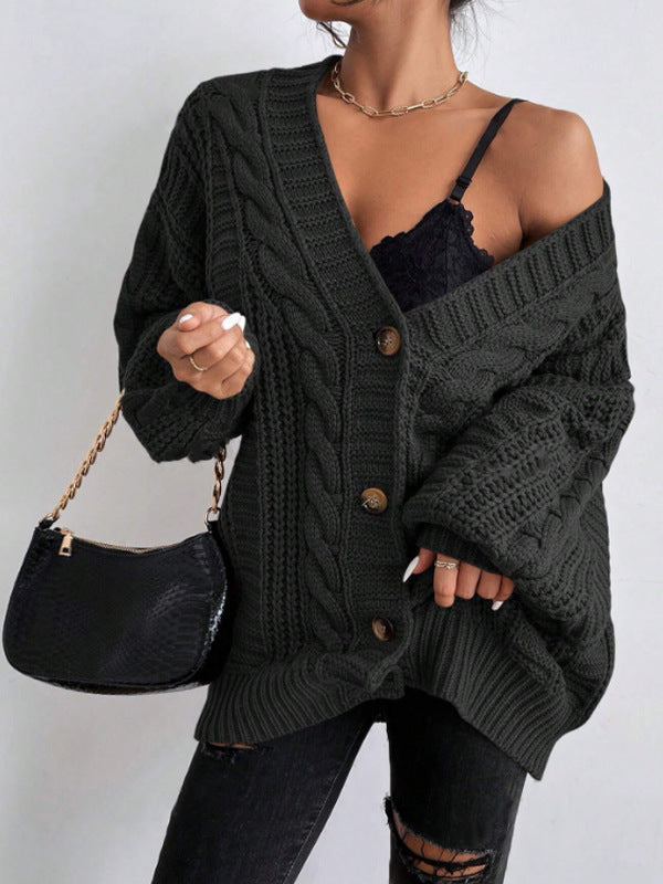 Damen Grobstrick Cardigan mit weiten Ärmeln und Knopfdetails Drune