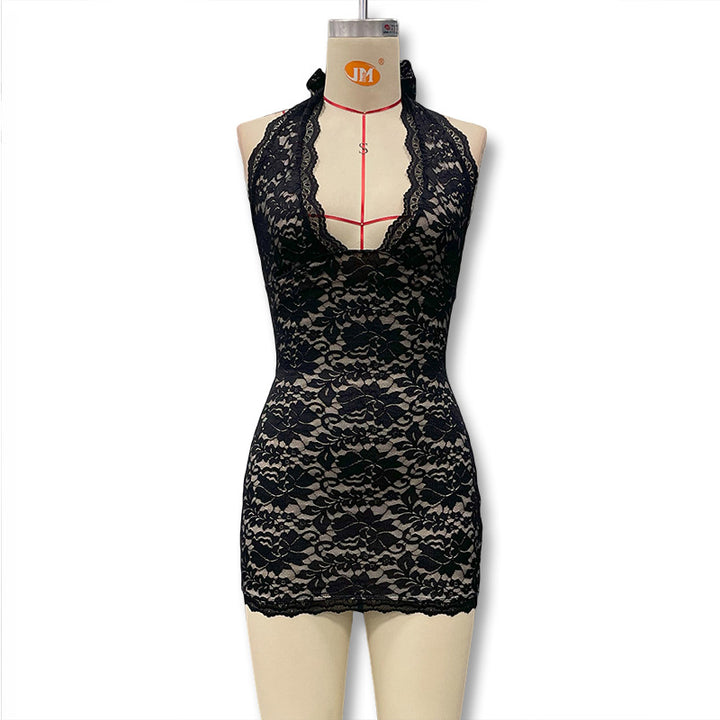 Damen Sexy Spitzen-Nachtkleid mit verführerischen Details und tiefem Ausschnitt Drune