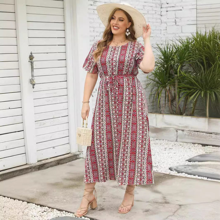 Damen Maxikleid mit aufwendig gestaltetem Band und zeitloser Musterung Drune