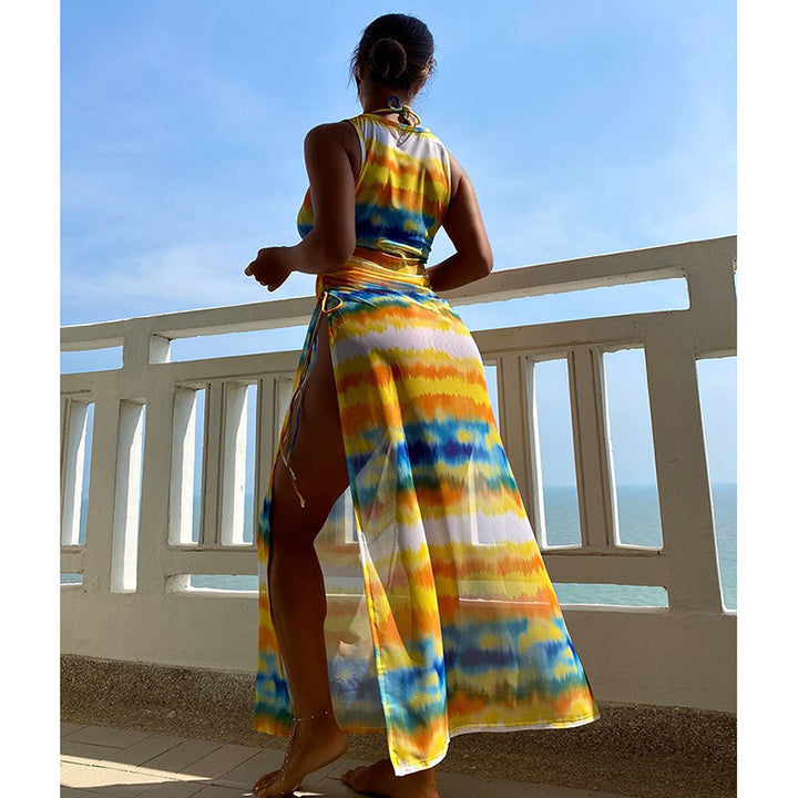 Damen Maxikleid mit modischem Wickeldesign und lebhaftem Tie-Dye-Muster Drune