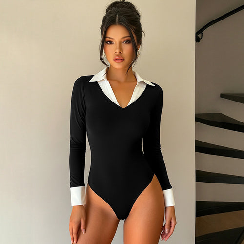Damen Body mit klassischem Hemdblusenkragen und langem Arm Drune